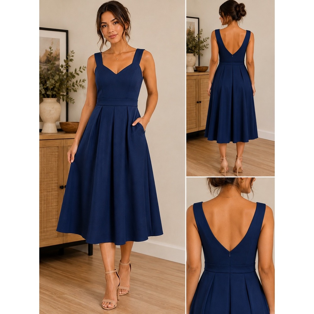 JJs House Navy Blue V-Neck A-Line Cocktail Dress with Pockets Midi Size S 415114
